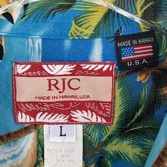 Vintage RJC Hawaiian Camp Shirt Men's Large Blue Palm Fish Turtle Made in Hawaii - Picture 2 of 7